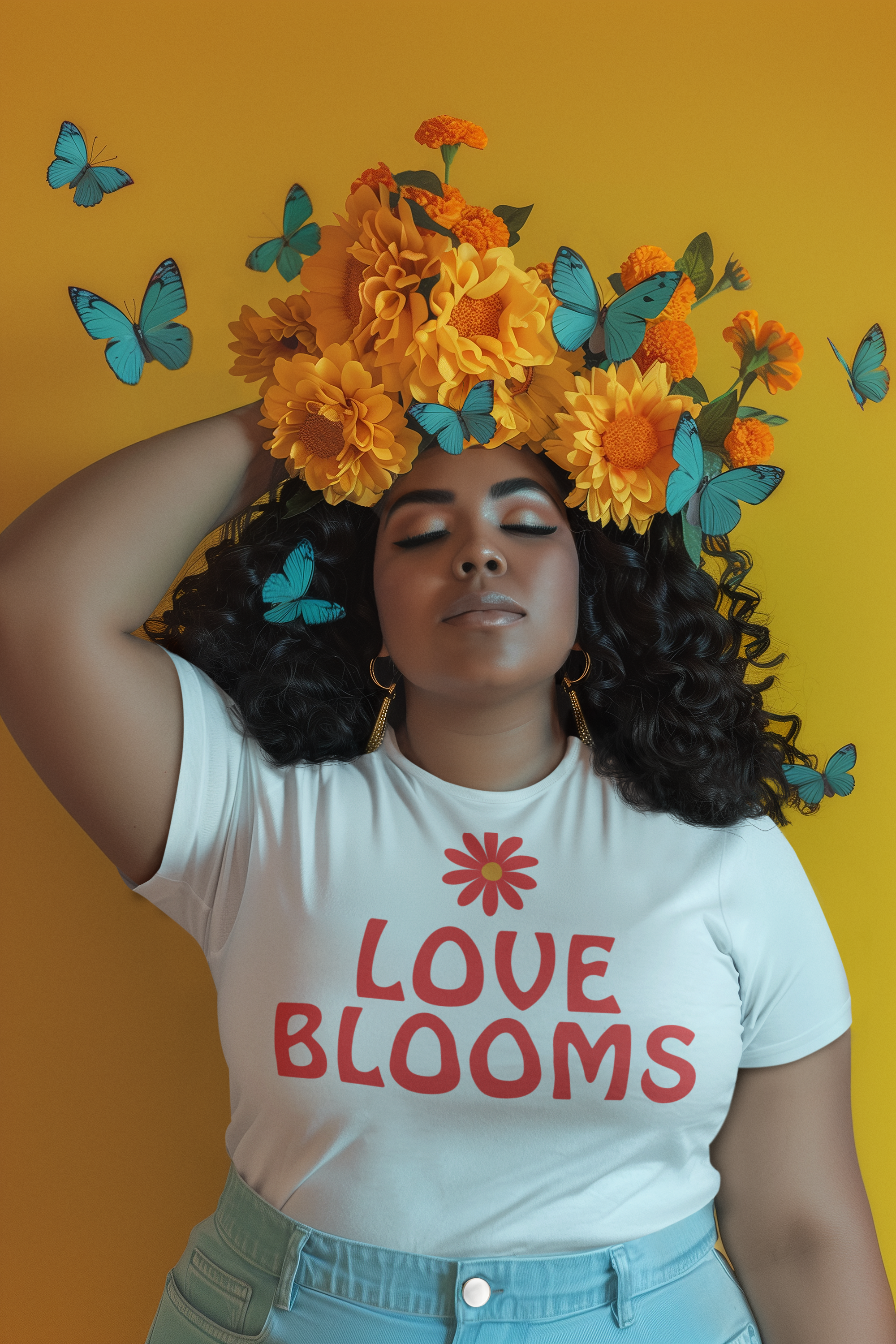 t-shirt-mockup-featuring-an-ai-generated-woman-posing-with-flowers-and-butterflies-in-her-head-m40575