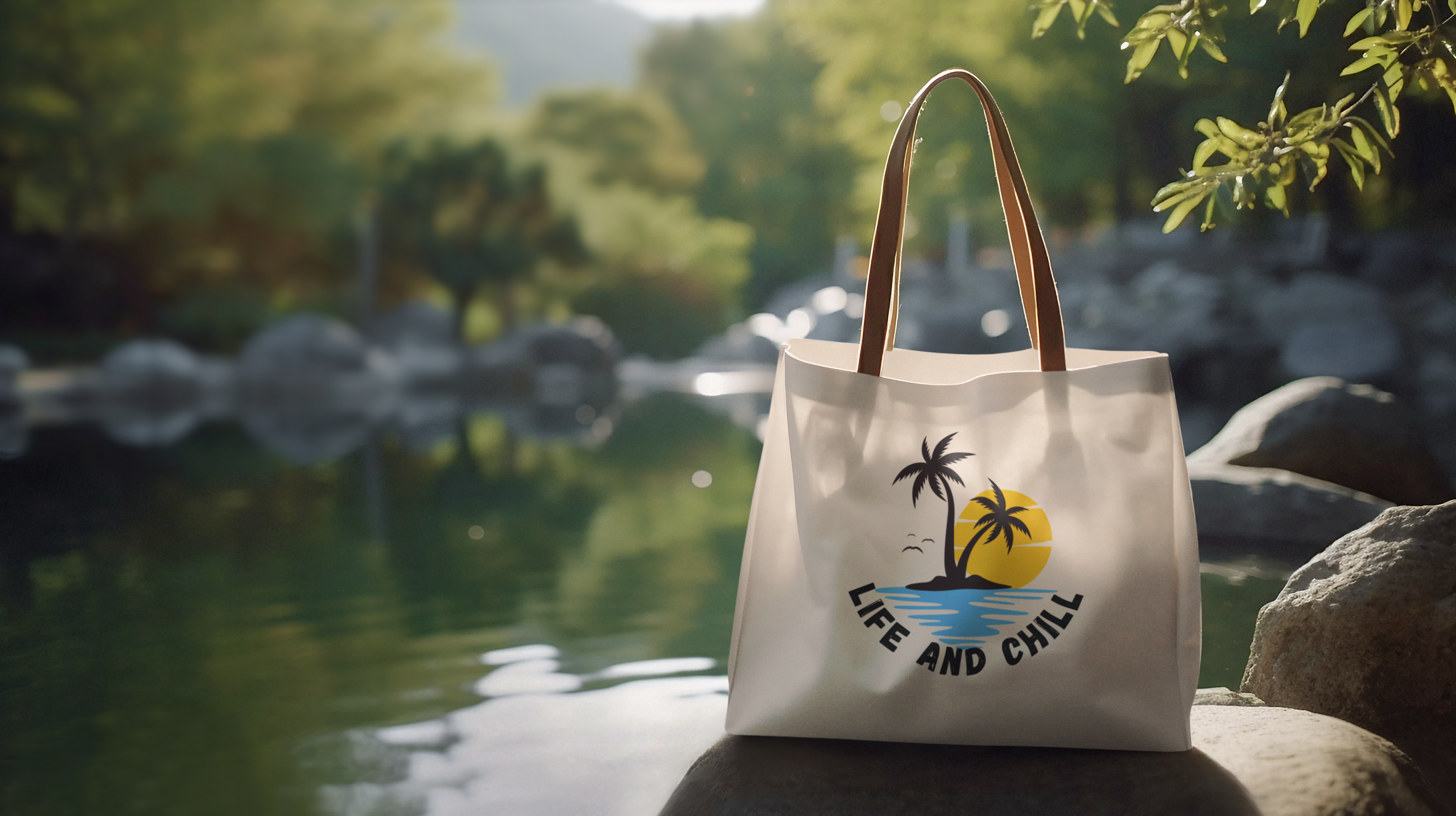 ai-created-mockup-of-a-tote-bag-placed-on-a-lake-m33530